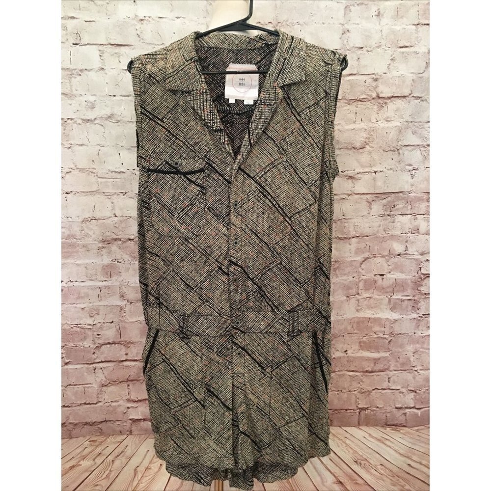 Hei Hei Anthropologie Tan Black Plaid Rayon Sleeveless Romper Button Up Size M